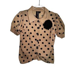 Retro‎ Beige Polka Dot Puff Sleeve Button-Up Sweater Black Flower Accent  Large